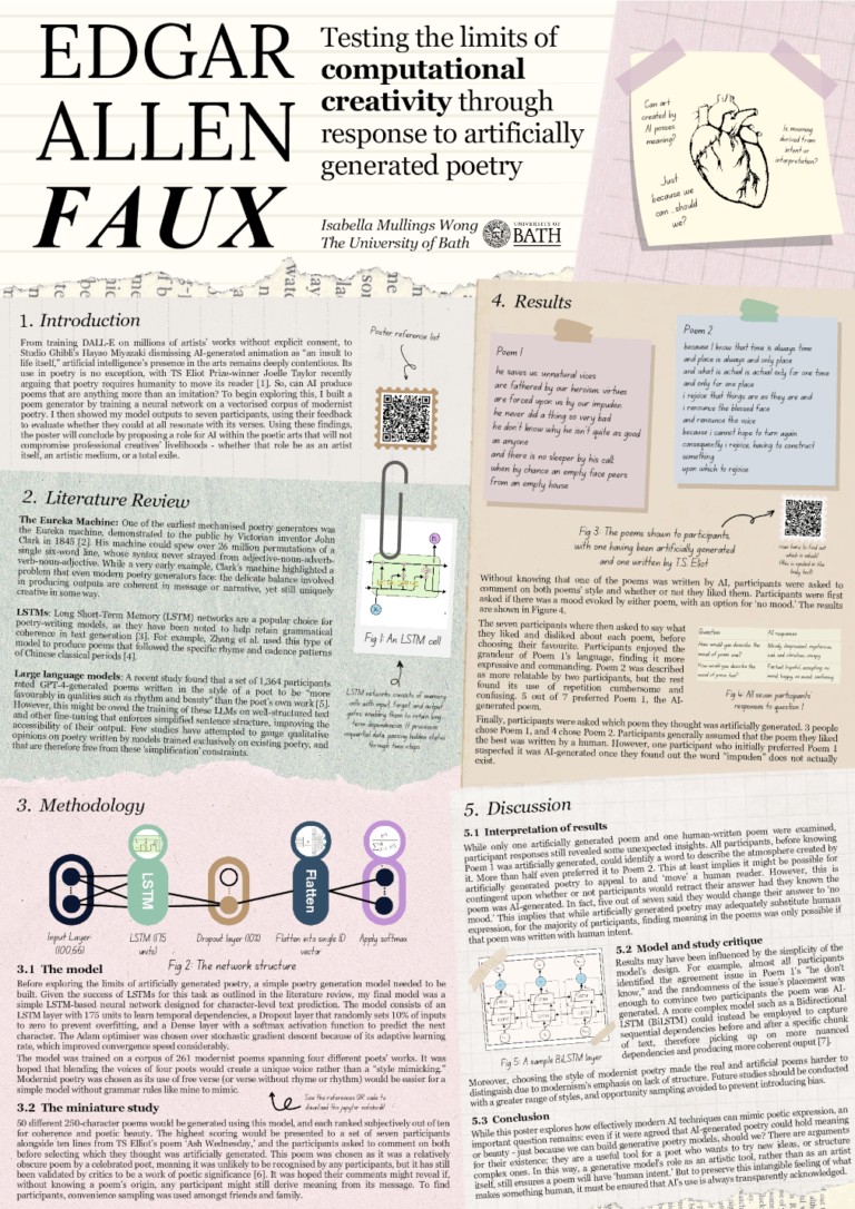 First prize in the second year contest goes to Isabella Mullings Wong of University of Bath for Edgar Allan Faux: Testing the limits of computational creativity through response to artificially-generated poetry